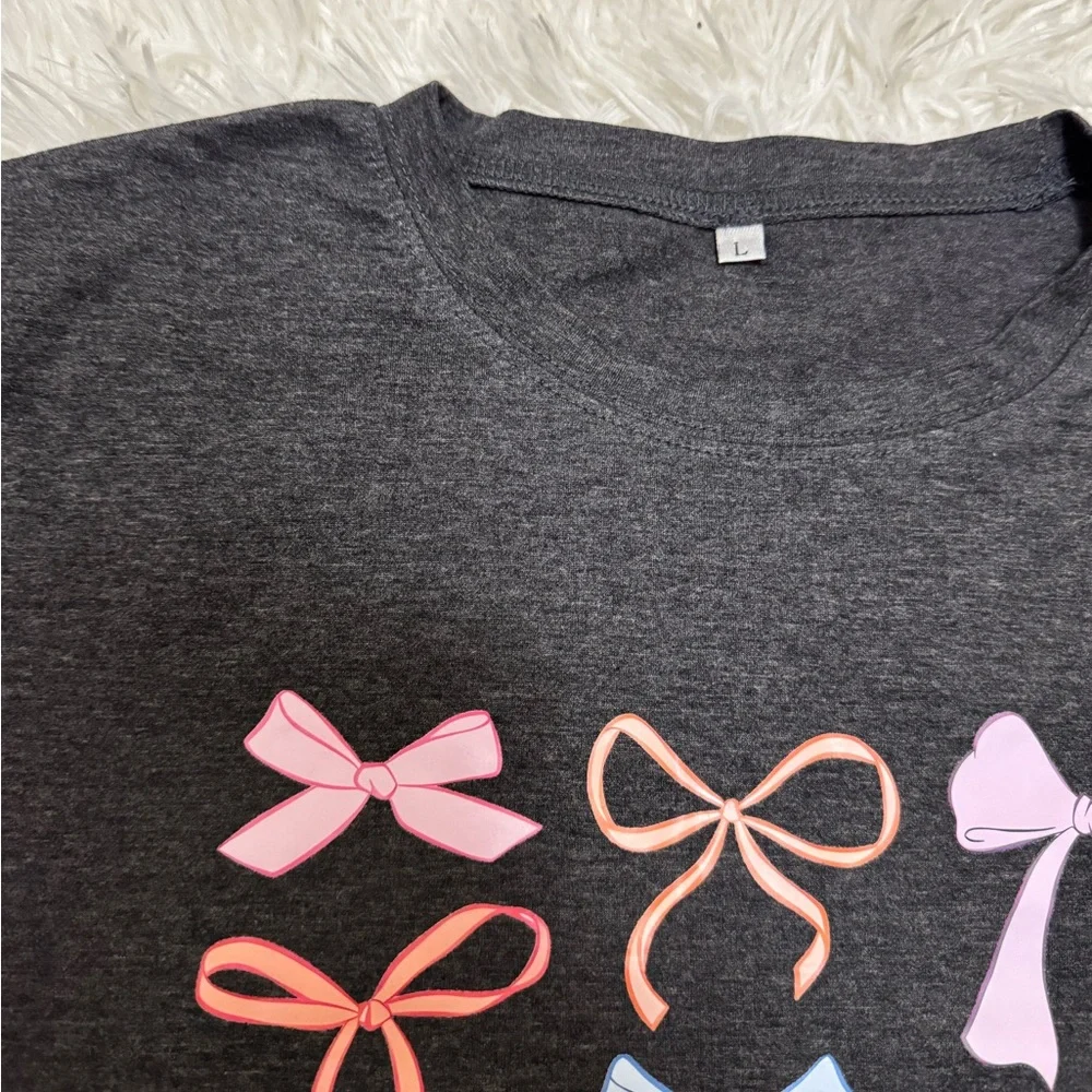 Gray Bow Tee with Colorful Bow Graphics Women’s Graphic Tee